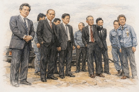  1982년 7월 이건희 선대회장과 호암 이병철 창업회장(왼쪽 세 번째부터)이 경기 용인 기흥 반도체 공장 부지를 둘러보는 장면을 챗GPT로 그린 그림.허문명 저서 '이건희 반도체 전쟁' 참고.[사진=챗GPT]