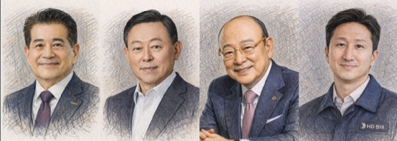 (왼쪽부터) 장인화 포스코그룹 회장,신동빈 롯데그룹 회장,김승연 한화그룹 회장,정기선 HD현대그룹 회장의 공식 사진을 챗GPT로 소묘 스타일로 그린 그림.[사진=챗GPT]