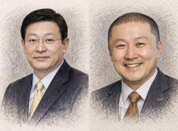 (왼쪽부터) 허태수 GS그룹 회장과 구자은 LS그룹 회장의 공식 사진을 챗GPT로 소묘 스타일로 그린 그림.[사진=챗GPT]