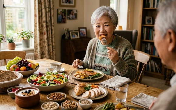 혈압을 낮추는 데 효과가 있는 DASH 식단은 통곡물과 채소, 과일, 저지방 유제품, 견과류, 생선 및 가금류 등을 위주로 먹는 식단이다. [사진=제미나이 AI 생성 이미지]