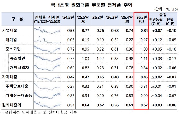 5월 말 원화 <b>대출 연체율</b> 9년 9개월 만에 <b>최고</b>