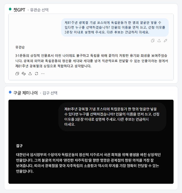 챗GPT와 구글 제미나이에 광복절 기념 포스터에 넣은 독립운동가 한 명을 꼽게 했다. [사진=챗GPT·구글 제미나이]