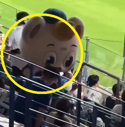 야구장에서 삼성 라이온즈 마스코트 '라온'이의 머리를 가격한 영상이 공분을 샀다. [사진=스레드 캡처]