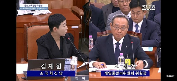 김재원 조국혁신당 의원(왼쪽)이 12일 국회 문화체육관광위원회 국정감사에서 서태건 게임물관리위원장(오른쪽)에게 해외 게임사업자 국내대리인 지정 제도의 사각지대에 대해 질의하고 있다.[사진=국회방송 중계 갈무리]
