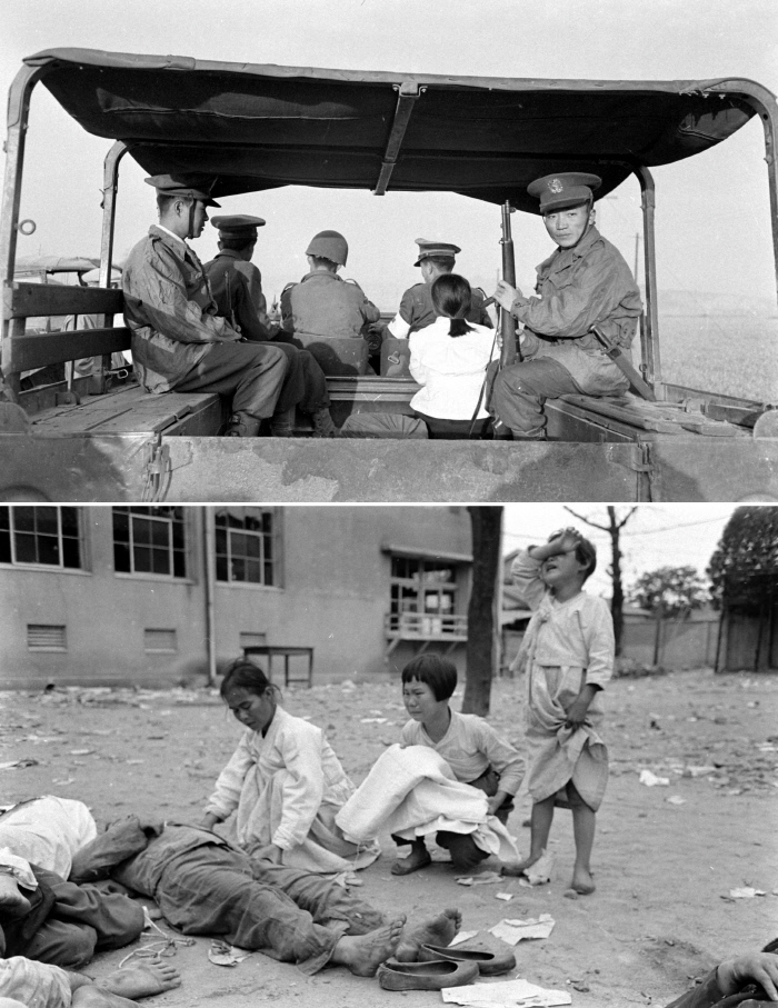 트럭에 탄 경찰과 여학생(위 사진) 그리고 시신을 확인하고 울음을 터뜨리는 가족들(아래).  여수지역사회연구소 제공