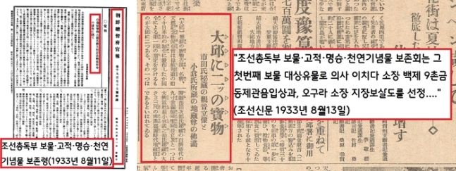 일제는 1933년 8월 한국 문화재에 가치를 부여하는 조선 보물 고적 명승 천연기념물 보존령을 반포한다. 그런데 그 첫 번째 보물 대상 유물로 이치다 소장의 백제 보살상이 선정되었다는 기사가 등장한다.