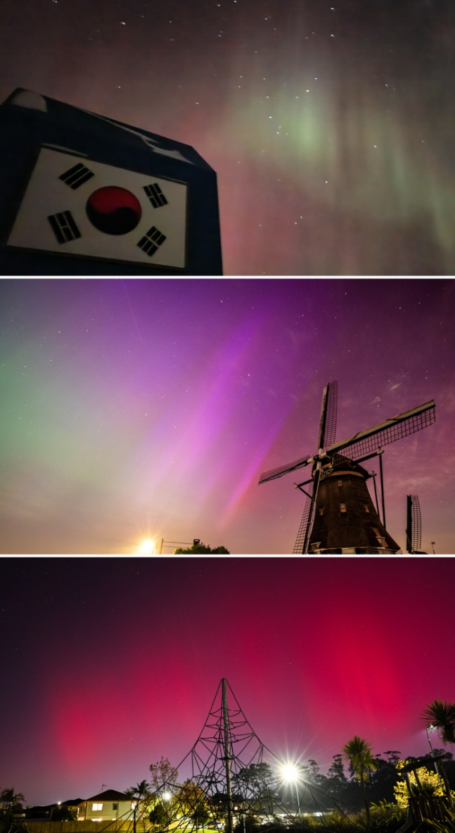 11일 밤(현지시간) 남극 장보고 과학기지(위 사진), 네덜란드 중부(가운데), 뉴질랜드 오클랜드 상공에 오로라가 나타나 있다. EPA신화연합뉴스