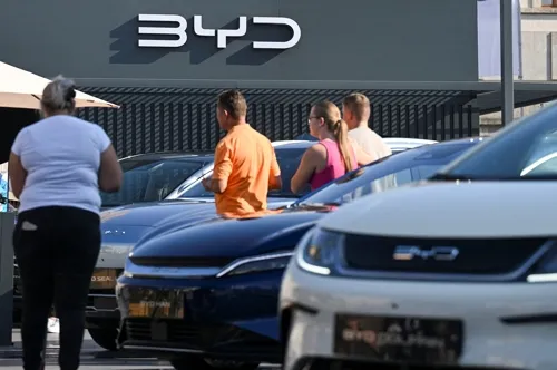 독일 뮌헨에서 지난해 9월에 열린 ‘IAA 모빌리티 2023’ 행사에 중국 자동차 업체 BYD의 전기차가 전시돼 있다. 로이터연합뉴스