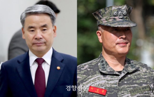 이종섭 전 국방부 장관(왼쪽)과 박정훈 전 해병대 수사단장(오른쪽). 경향신문 자료사진
