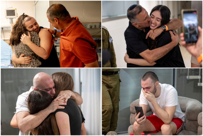 하마스 기습 공격으로 지난해 10월7일 납치됐다가 8일(현지시간) 8개월 만에 구출된 이스라엘 인질들이 가족과 재회하고 있다. (왼쪽 위부터 시계방향으로) 알모그 메이르 잔, 노아 아르가마니, 안드레이 코즈로프, 샬