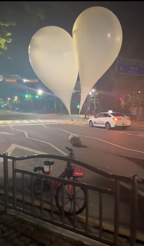 북한이 날린 오물 풍선이 9일 새벽 경기 파주의 한 도로에서 발견됐다. 연합뉴스