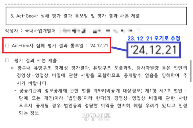 한국석유공사는 10일 액트지오의 심해 평가 결과 통보일을 2024년 12월21일이라고 밝혔다. 이는 2023년 12월21일의 오기로 추정된다. 김원이 더불어민주당 의원실 제공
