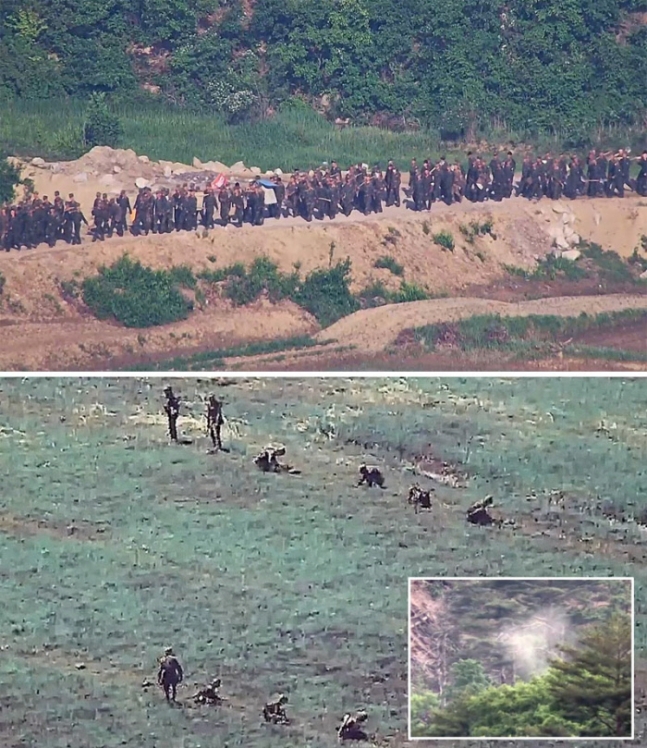 북한군 대규모 투입, 지뢰 매설…위태로운 전선 북한군이 전선지역에 대규모로 투입돼 작업을 벌이고 있다(위쪽 사진). 북한군이 전선지역에서 지뢰 매설 작업을 하고 있다. 오른쪽 아래 작은 사진은 작업 중인 북한군에 의