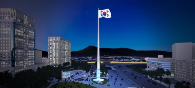 서울 광화문광장에 들어설 100m 높이의 대형 태극기 게양대 조감도. 서울시는 광화문광장에 상징적 시설물로 ‘대형 태극기’와 ‘꺼지지 않는 불꽃’을 2026년까지 건립할 계획이라고 밝혔다. 서울시 제공
