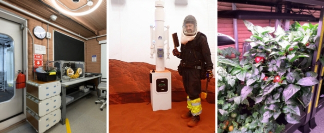 미국 항공우주국(NASA)의 모의 화성기지 내 실험실 내부(왼쪽 사진). 기지에서 생활 중인 과학자 네이선 존스가 유사 화성 토양 위에서 관측 활동을 하고 있다(가운데). 지난해 6월부터 운영된 화성기지에서 재배한 