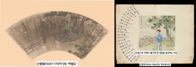 왼쪽은 신범화(1647~?)의 ‘여협도’. 말이 여성협객이지 실제로는 ‘미인도’를 그린 인상이 짙다. 오른쪽은 신명연(1808~1886)의 부채그림(‘병오청서도’). 점잖은 양반들은 이와같은 미인도를 부채에 그려놓고