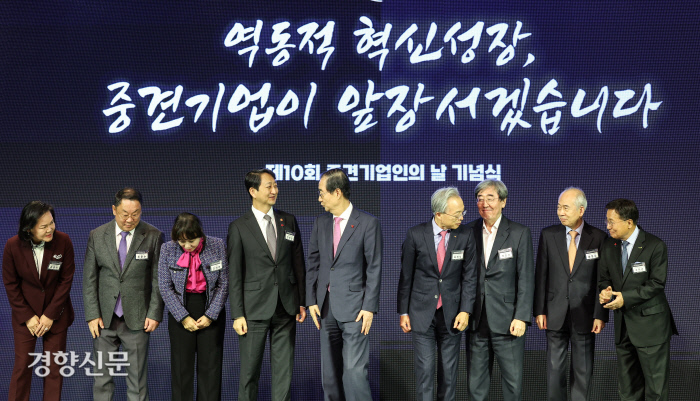 Acting President Han Duck-soo (fifth from left) attending the Mid-Sized Enterprise Day event on the 16th at The Plaza Hotel in Seoul, talking with Trade, Industry, and Energy Minister Ahn Deok-geun. Photo by Kim Chang-gil