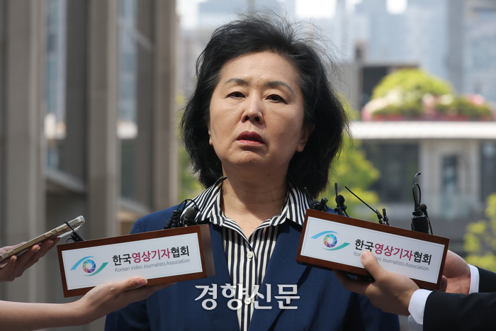 김영선 전 국민의힘 의원이 29일 윤석열 전 대통령 부부와 여권 정치인 다수가 연루된 공천 개입·여론조사 의혹 관련 참고인 조사를 받기 위해 서울 서초구 서울고검에 출석하며 취재진 질문에 답하고 있다. 성동훈 기자