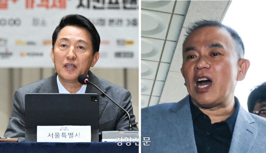 오세훈 서울시장(왼쪽)과 정치브로커 명태균씨. 성동훈 기자