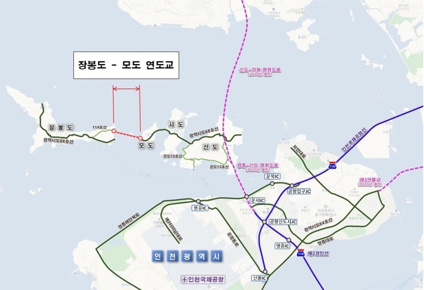 인천 옹진군 북도면 장봉도~모도 연도교 위치도. 옹진군 제공