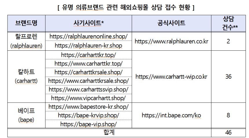 유명 의류브랜드 관련 해외쇼핑몰 상담 접수 현황