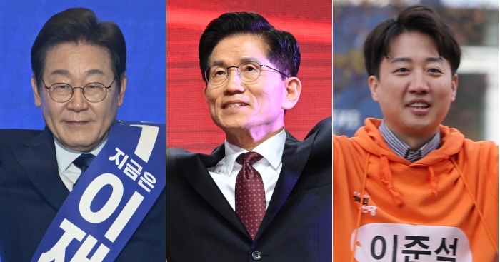 6·3 대선에 출마한 이재명 더불어민주당 후보와 김문수 국민의힘 후보, 이준석 개혁신당 후보. 국회사진기자단·연합뉴스