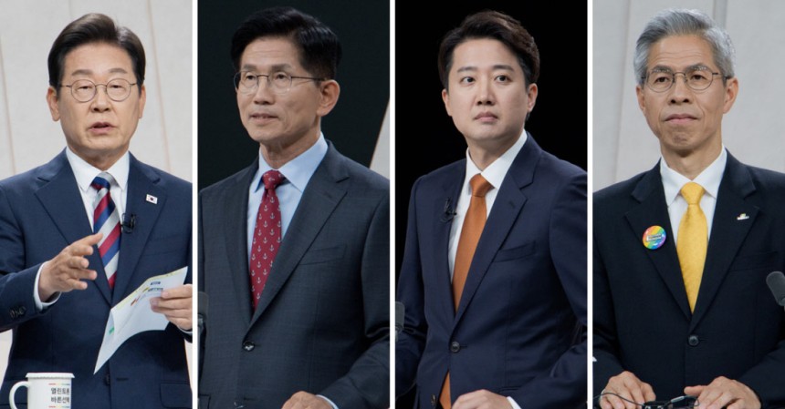 ‘동상사몽’ 제21대 대통령 선거에 나선 이재명 더불어민주당 후보, 김문수 국민의힘 후보, 이준석 개혁신당 후보, 권영국 민주노동당 후보(왼쪽부터)가 27일 서울 상암동 MBC 스튜디오에서 정치 분야를 주제로 열린 