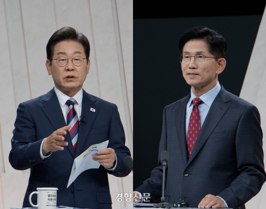 이재명 더불어민주당 대선 후보와 김문수 국민의힘 대선 후보가 27일 서울 상암동 MBC 스튜디오에서 정치·외교 분야를 주제로 TV토론을 하고 있다. 국회사진기자단