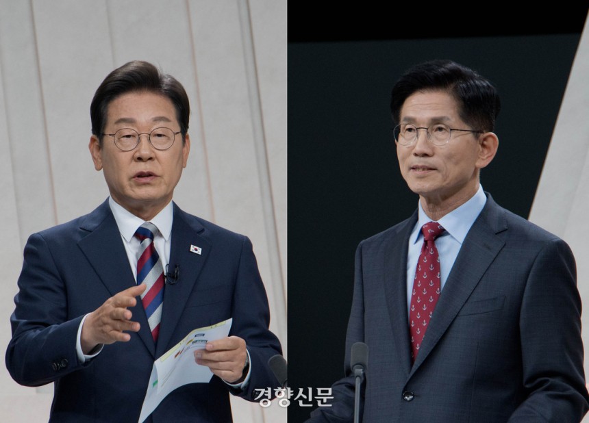 이재명 더불어민주당 대선 후보와 김문수 국민의힘 대선 후보가 27일 서울 상암동 MBC 스튜디오에서 정치·외교 분야를 주제로 TV토론을 하고 있다. 국회사진기자단