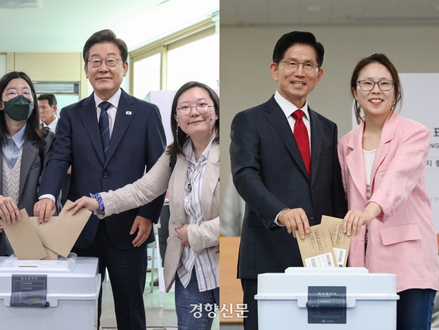 6·3 대선 사전투표 첫날인 29일 이재명 더불어민주당 후보(왼쪽)가 서울 서대문구 구신촌동주민센터에서 학생들과 함께, 김문수 국민의힘 후보가 인천 계양구 계양1동주민센터에서 딸과 함께 사전투표를 하고 있다. 민주당