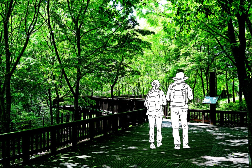 산책로를 따라 다양한 꽃과 수목을 감상하며 걷다 보면 이곳의 하이라이트인 금산폭포까지 만날 수 있는 자연휴양림 ‘대가야수목원’. 일러스트 | 김상민 기자