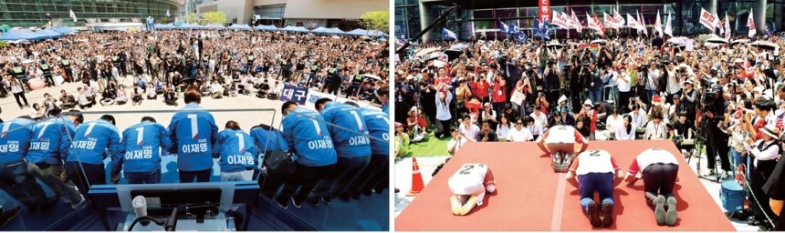 이재명 더불어민주당 대선 후보가 1일 대구 동대구역 광장에서 시민들에게 고개 숙여 인사하고 있다(왼쪽 사진). 김문수 국민의힘 대선 후보가 1일 서울 강남구 코엑스 앞에서 큰절하며 지지를 호소하고 있다. 박민규 선임