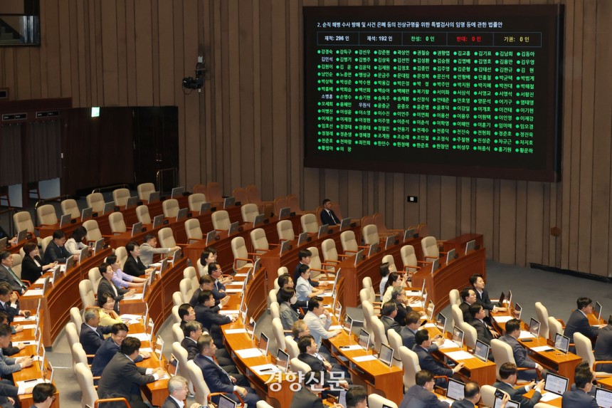 지난 5일 열린 국회 본회의에서 채 상병 특검법이 통과되고 있다. 한수빈 기자