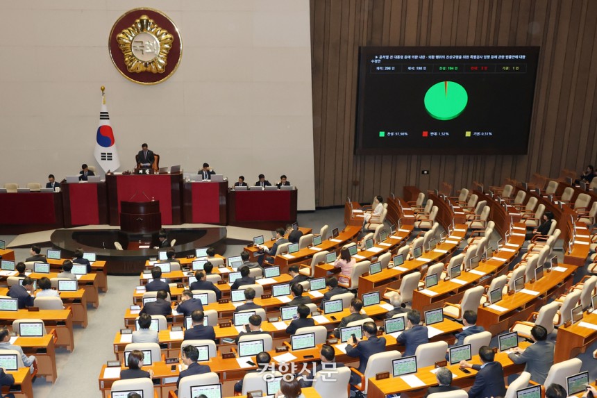국회에서 지난 5일 열린 본회의에서 내란 특검법이 통과되고 있다. 한수빈 기자
