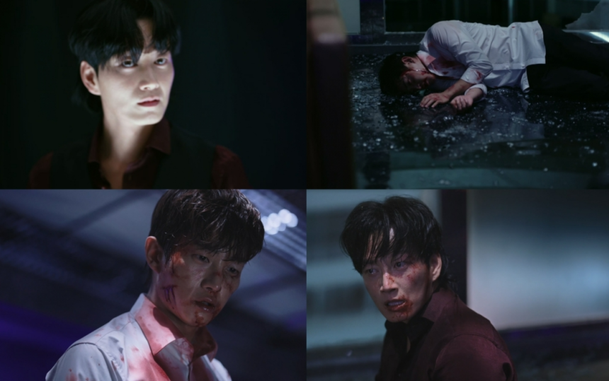 티빙 오리지널 드라마 &lt;샤크: 더 스톰&gt;의 주인공 ‘차우솔’(김민석)과 빌런 ‘현우용’(이현욱)의 모습. 티빙 제공