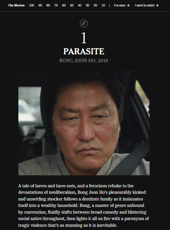 뉴욕타임스(NYT)가 선정한 ‘21세기 최고의 영화’ 100선에서 한국 영화 &lt;기생충&gt;이 첫 번째로 이름을 올렸다. NYT홈페이지 캡처