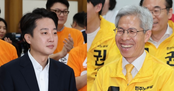 이준석 개혁신당 후보(사진 왼쪽)가 지난달 3일 방송 3사 출구조사 발표 뒤 국회 의원회관에 마련된 당 개표상황실에 도착한 뒤 소감을 밝히려 하고 있다. 같은 날 권영국 민주노동당 후보(오른쪽)가 서울 구로구 민주노