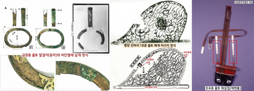 비단벌레 날개장식 유물은 1921년 경주 금관총에서 처음 확인됐다. 그것이 말에 오를 때 쓰는 발걸이다. 이후 평양 진파리 7호분 출토 배개 마구리 장식과, 경주 호우총 출토 화살통 등에서도 확인되었다.