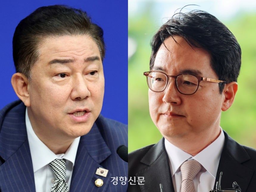 2일 국회에서 열린 민주당 최고위원회의에 참석해 발언하는 김병기 더불어민주당 대표 직무대행 겸 원내대표(왼쪽)와 대검찰청으로 출근하는 심우정 검찰총장. 박민규 선임기자·이준헌 기자
