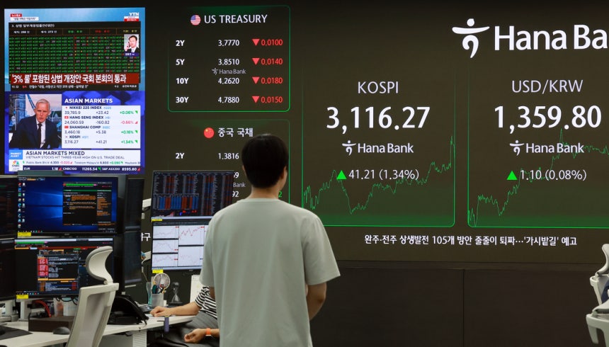 3일 서울 중구 하나은행 본점 딜링룸 전광판에 코스피 지수가 표시돼 있다. 연합뉴스
