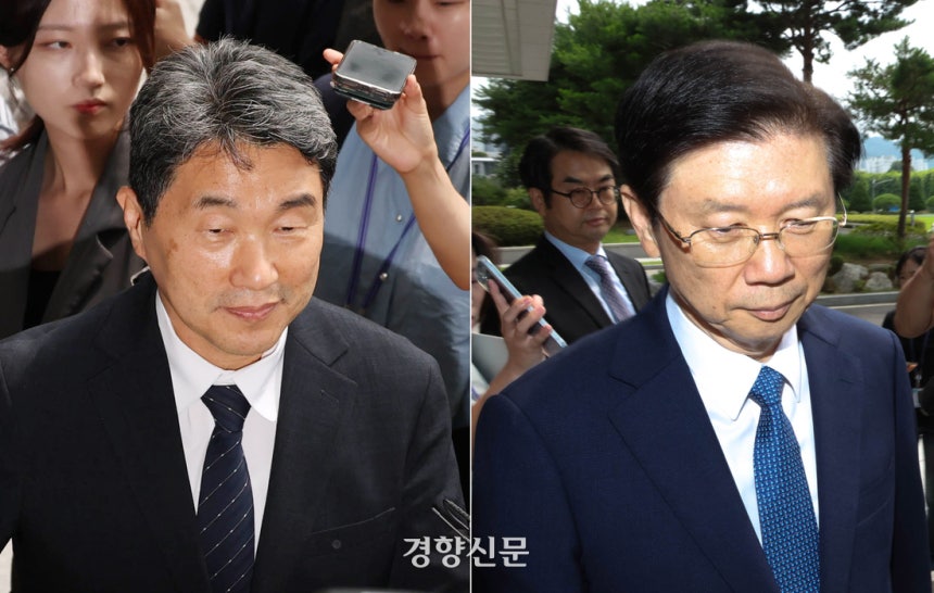 이주호 부총리 겸 교육부 장관(왼쪽 사진)과 박종준 전 대통령경호처장이 4일 내란 특검의 조사를 받기 위해 서울고검 청사로 출석하고 있다. 성동훈 기자