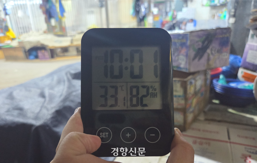 지난 8일 서울 동대문구 경동시장 광성상가 안에서 기자가 온도습도계를 들고 있다. 이날 오후 10시쯤 시장 내부 온도는 33.1도, 습도는 82%RH까지 올랐다. 보통 40~60%RH가 쾌적한 정도의 습도다. 우혜림