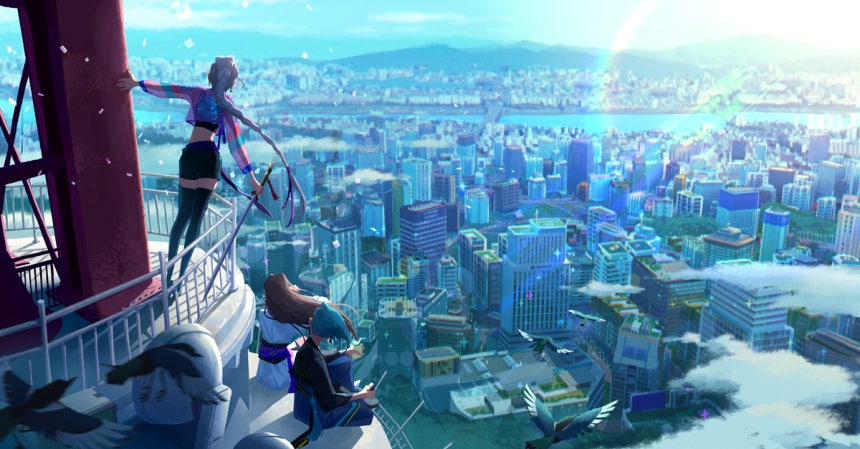 셀린 킴이 경향신문을 통해 공개한 <케이팝 데몬 헌터스>의 작업물. 서울의 풍경이 아름답게 펼쳐졌다.