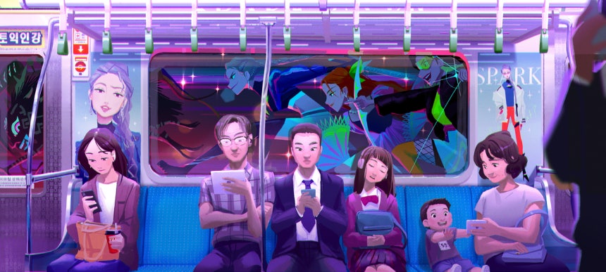 셀린 킴이 경향신문을 통해 공개한 <케이팝 데몬 헌터스>의 작업물. 승객부터 광고까지 지하철 풍경이 고스란히 그려져 있다.