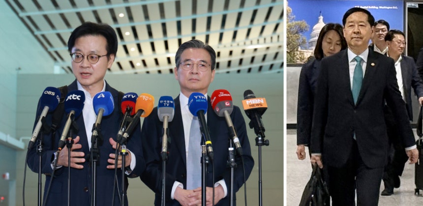 태평양 건넌 김용범·김정관·구윤철 김용범 대통령실 정책실장과 김정관 산업통상부 장관이 16일 인천국제공항을 통해 미국으로 출국하기 전 취재진 질문에 답하고 있다(왼쪽 사진). 구윤