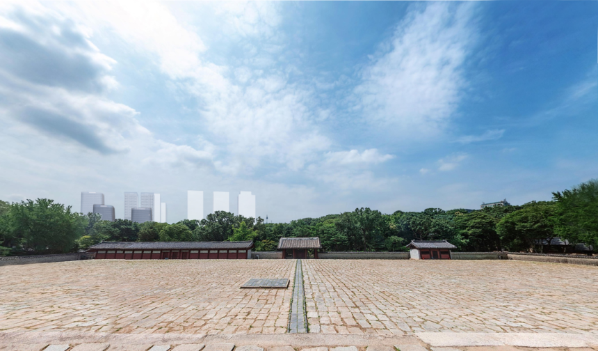 서울시가 18일 공개한 종묘 정전 상월대에서 세운지구를 바라본 시뮬레이션 결과. 서울시 제공