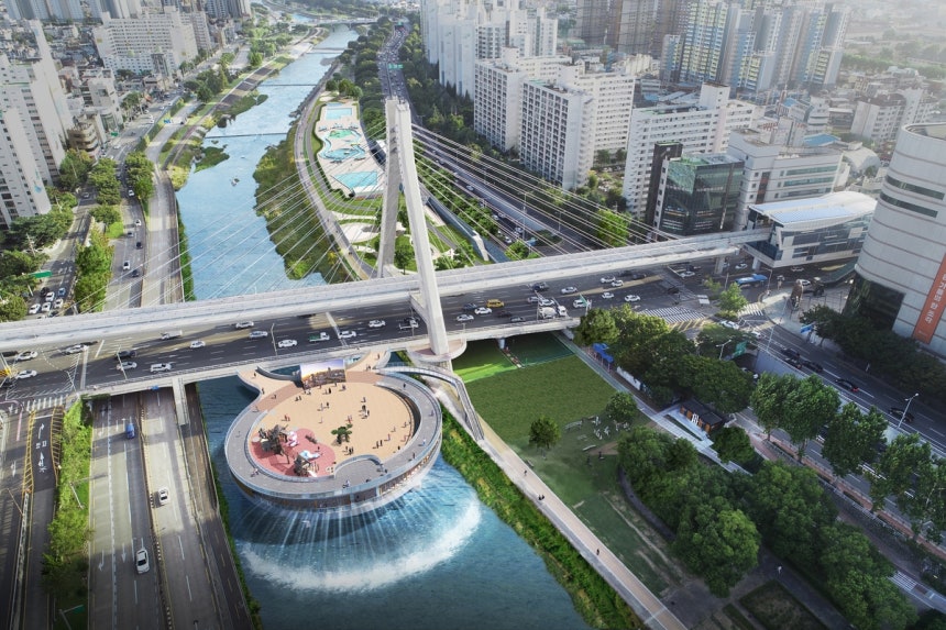 대구시가 추진 중인 신천 프러포즈 조성사업의 조감도. 원형 데크 공간을 건설하기 위해 하천을 메운 상태다. 대구시 제공