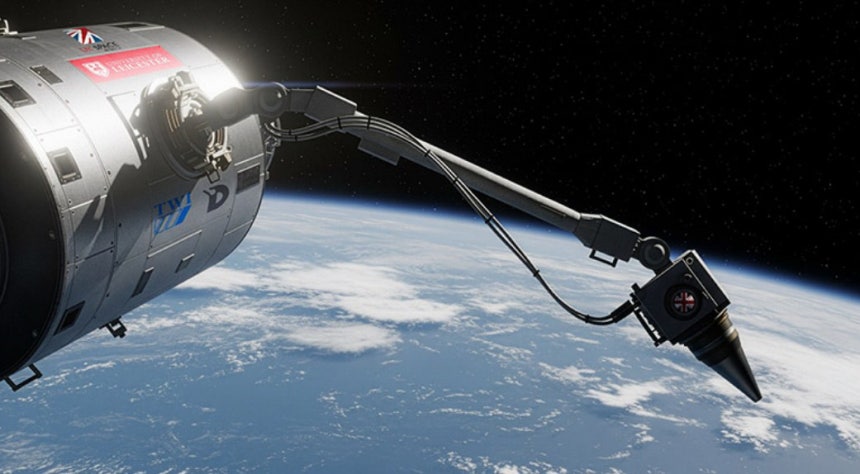 지구 궤도에서 용접 작업을 준비 중인 로봇 팔 상상도.우주에서 용접을 하게 되면 내부 공간이 넓은 우주정거장을 비교적 쉽게 만들 수 있다.레스터대 제공