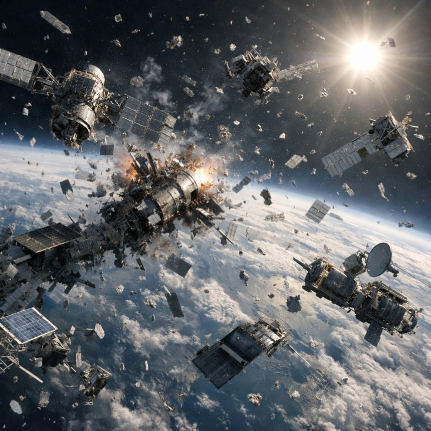 상상만으로도 임팩트 지구 궤도에서 인공위성들이 연쇄 충돌하는 상상도. 충돌로 생긴 다량의 파편이 지구 궤도를 가득 메우면 인류는 위성이나 발사체를 더는 쏠 수 없게 된다. 일러스트