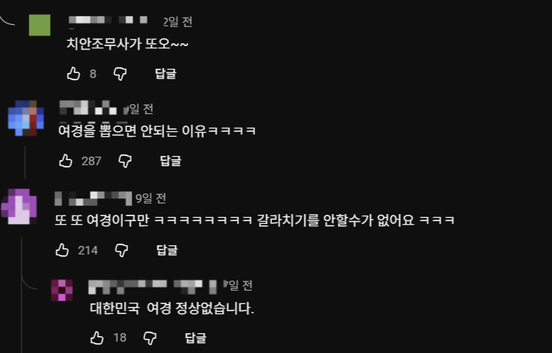 한 유튜브 채널에 지난 12일 ‘역대급 여경’ 섬네일로 게시된 영상에 달린 댓글. 유튜브 갈무리
